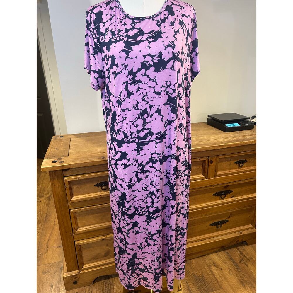 Quacker Factory NWT Sz L Foral Maxi Dress Pink Dark Blue Stretchy Jersey Knit